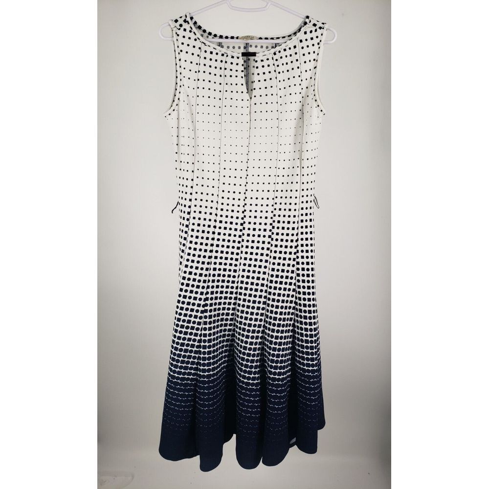 Haani Sleeveless Geometric Flare Dress‎ Size Small Navy Blue White Fade